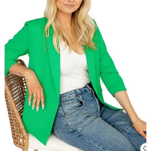 Skies Are Blue Women's Small Fresh Green Open Front Shirred Half Sleeve Blazer - Picture 1 of 6
